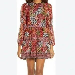 Saylor Talley Red Metallic Floral Blouson Sleeve Mini Dress Size S